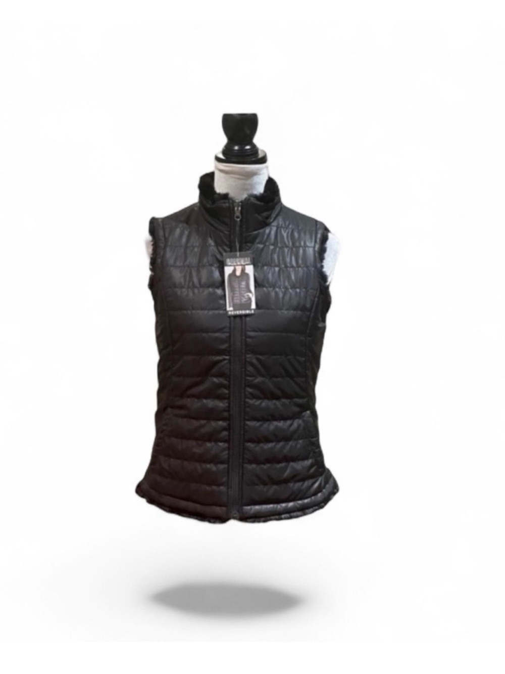 Nicole Miller reversible black puffer faux fur warm gorpcore casual vest small